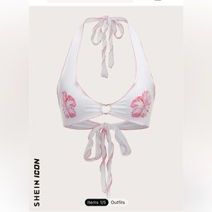 SHEIN floral print heart ring detail backless knot halter top